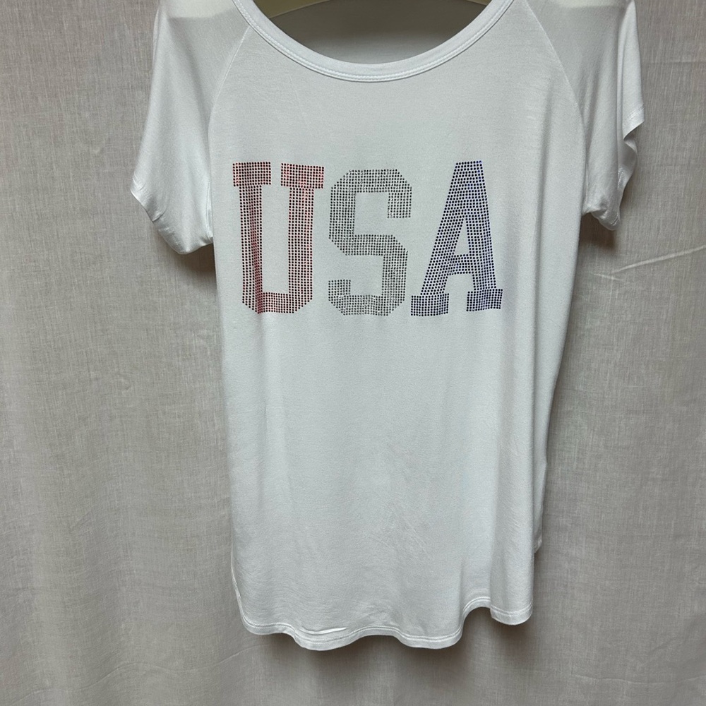 White USA Graphic Women's Top tshirt bling letters size 1Xa semi sheer